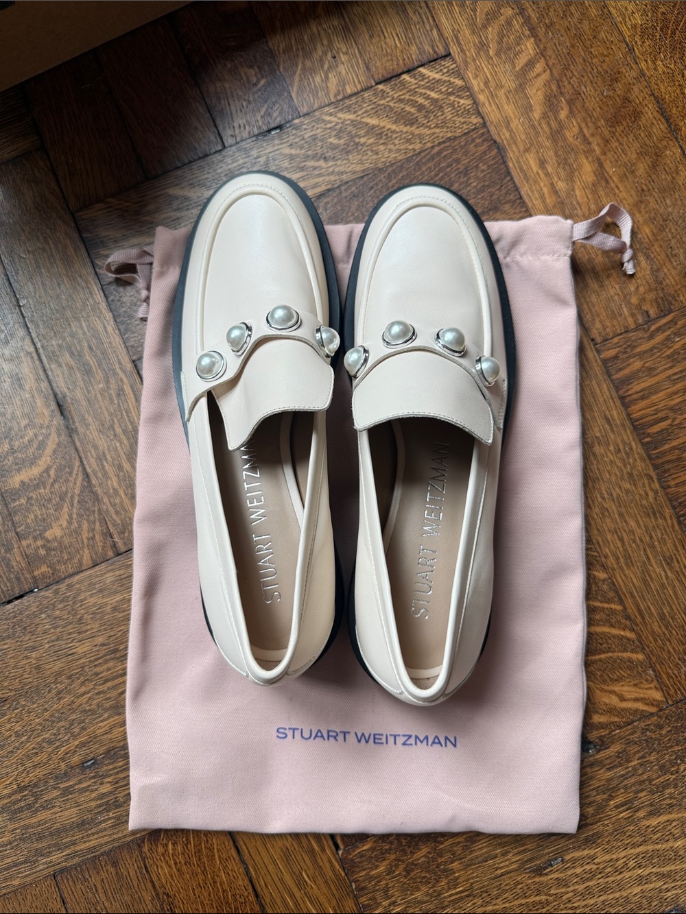 Stuart Weitzman Portia Pearl-Embellished Leather Loafers Size 9B Cream